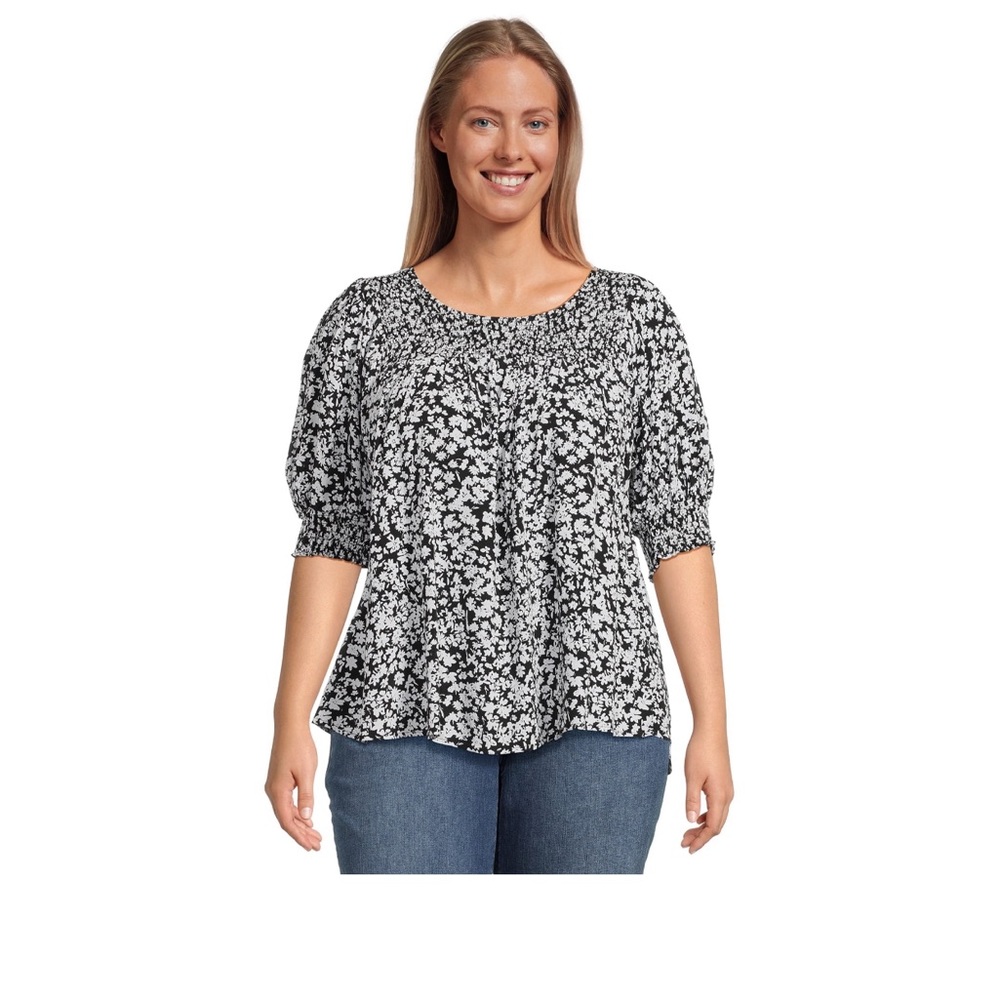 Terra & Sky Smocked blouse with Keyhole back.